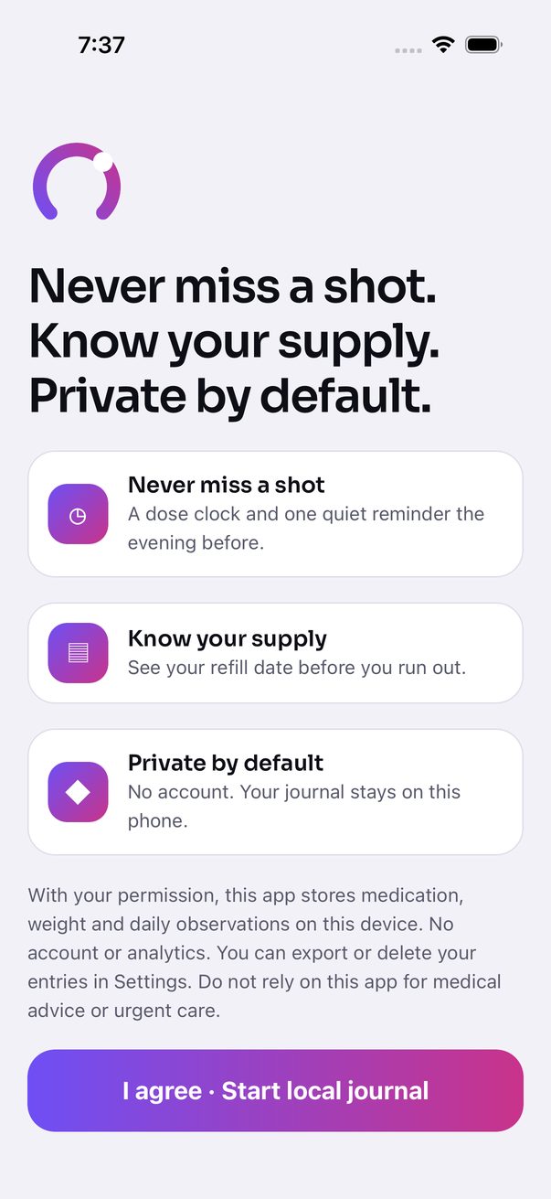 GLP Note welcome screen: Never miss a shot, know your supply, private by default